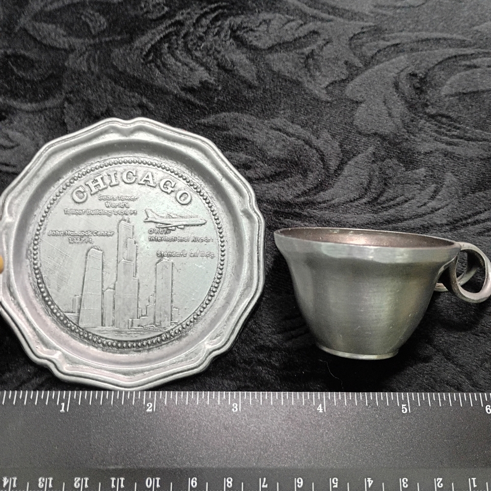 Lot Of 2- Vintage Chicago Mini  Pewter Saucer & Cup Souvenir Made In USA